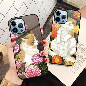 Чехол с милым котом из мультфильма для Iphone 14 13 11 12 Pro Max Mini Xs Xr X 7 8 6s Plus Se 2022, чехол из закаленного стекла с животными, Fundas For iphone 8