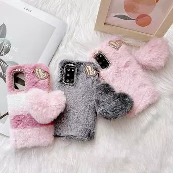 Чехол с подвеской в форме сердца и кролика для Samsung Galaxy S21 S20 S10 S9 S8 Plus S7 A13 A33 A53 A12 A22 A32 A52 A21s A31 A51 A71, плюшевый чехол для телефона с волосами iphone 6 6s белый