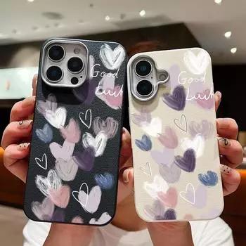 Чехол с текстурой кожи для iPhone 16 15 Pro 14 13 12 11 Pro Max Xs Max Xr 8 7 6 Plus Фиолетовый узор с сердечками любви Ударопрочный мягкий тонкий чехол из ТПУ iPhone 16 бежевый