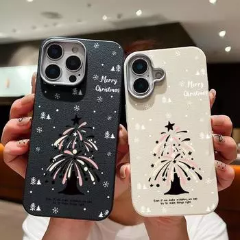 Чехол с текстурой кожи для iPhone 16 15 Pro 14 13 12 11 Pro Max Xs Max Xr 8 7 6 Plus с рисунком фейерверков и рождественской елки, противоударный, мягкий, из ТПУ, тонкий чехол iPhone 16 бежевый