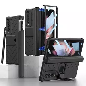 Чехол Slide Pen Box для Samsung Galaxy Z Fold 4 3, чехол с магнитным шарниром, регулируемая подставка, полная защита, жесткий чехол для ПК без ручки NO S Pen чёрный