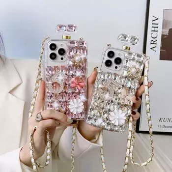 Чехол в форме флакона духов со стразами через плечо для Samsung S23 S22 S21 S20 Ultra S10 Plus, чехол с жемчужными цветами для iphone 15 14 13 12 11 X XR XS Max iphone 7 8 розовый