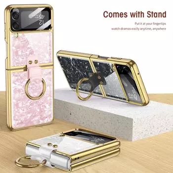 Чехол Z Flip 4 с кольцом на палец, задняя крышка для Samsung Galaxy Z Flip 4, 5 г, пластиковый чехол с объективом задней камеры, закаленное стекло For Galaxy Z Flip 4 белый