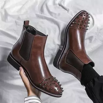 Chelsea Men Boots Rivet Square Toe Slip-On Punk Brown Black Men Short Boots Handmade Shoes for Men with 38 коричневый