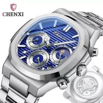 Chenxi Модные кварцевые часы для мужчин, креативные фазы Луны, роскошный светящийся циферблат с хронографом, мужские повседневные наручные часы синий