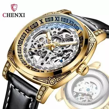 CHENXI ретро резные скелетон мужские часы роскошные винтажные автоматические механические часы полые натуральная кожа водонепроницаемые светящиеся наручные часы чёрный/золотой