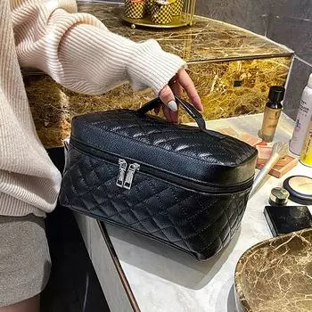 Черная клетчатая квадратная косметичка большой емкости из мягкой кожи, сумка для хранения, женская новая модная простая стильная однотонная сумка S