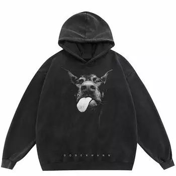 Черная толстовка с капюшоном Streetwear Doberman Dog Washed