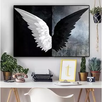 Черно-белые мощные перья Крылья 5d Diy Алмазная картина Мозаика Картина Ангел Настенный декор 20X30CM