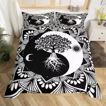Черно-белый комплект постельного белья Bohemian Mandala для мальчиков Инь и Ян полиэстеровый пододеяльник King Size EU single(135x200cm)