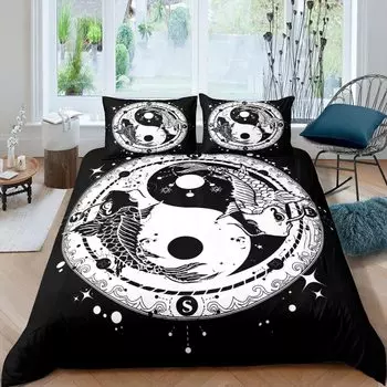 Черно-белый комплект постельного белья Bohemian Mandala для детей Детский полиэстеровый пододеяльник с рисунком Инь и Ян King Size EU single(135x200cm)
