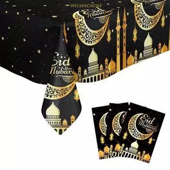 Черное золото Лунная вечеринка Eid Тематическое украшение для ресторана Пластиковая одноразовая скатерть 137x274 см 137x274cm(53x107inch)