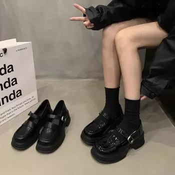 Черные британские мокасины Женские туфли на платформе Женские туфли с юбками Маленькие кожаные туфли Мэри Джейн 35
