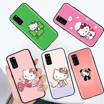 Черный чехол для iPhone 16 15 Plus 14 13 12 11 Pro 8 6 SE XR XS Max P30 Nova 5T Y5P Y6 Y7 Y8P Y9 Realme C30 C33 C31 L-12 Hello Kitty VIVO V23E 5G кожа буйвола