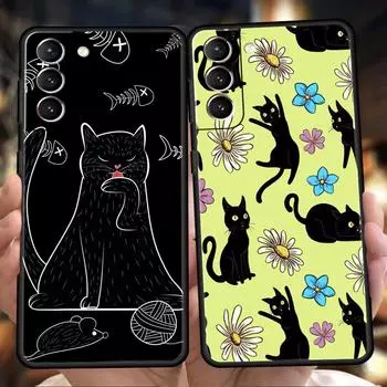 Черный кот мультфильм милый чехол для телефона Samsung Galaxy S24 S23 Ultra S22 S21 S20 FE 5G S10 S10E S9 Plus S8 силиконовый черный чехол Samsung S23