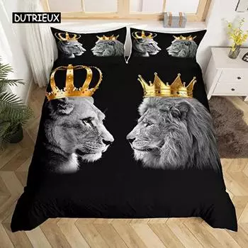 Черный пододеяльник с изображением пары диких львов King Size, золотой пододеяльник King and Queen Crown, комплект постельного белья с изображением тропических африканских животных, декор US Queen(228x228cm)