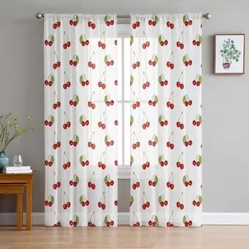 Cherry Fruit Retro Sheer Curtains for Living Room Decoration Window Curtains for Kitchen Tulle Voile Organza Curtains W135 x H115cm x1