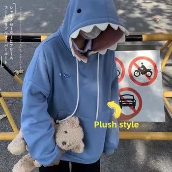 Chic 2023 Matching Couples Shark Print Loose Pullover Sweater for Students M синий