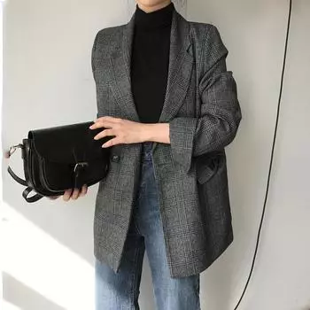 Chic autumn and winter simple retro style plaid lapel two buttons loose double pockets long sleeves small suit jacket women S серый
