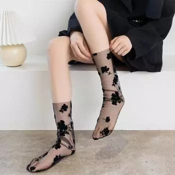 Chic Floral Tulle Thin Pile Up Socks Transparent Mesh Flower Lace Socks Fashion Female чёрный