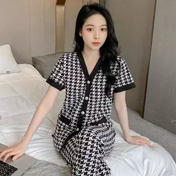 Chic Houndstooth Pajama Set for Women Cozy Short Sleeve Top with V-Neck Stretch Waist Pants Comfortable Sleepwear Casual Sets M