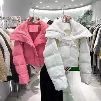 Шикарный вязаный воротник осенне-зимнее пальто для женщин, утолщенная стеганая куртка, свободная парка, теплая куртка с хлопковой подкладкой, короткие пальто S розы красного