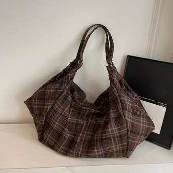 Chic Plaid Nylon Large Capacity Tote Bag Women Casual Top Handle Hobo Shoulder Shopper with Fixed Strap For Daily Work 66x19x36cm темный кофе