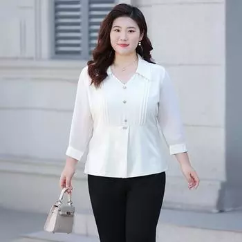 Chiffon Top Plsize Women s Clothing Loose and Elegant Shirt Spring and Summer Semi-open Collar Short-sleeved Shirt XL абрикосовый