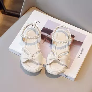 Children Elegant Princess Shoes for Party Wedding Shows 2024 New Soft Breatheable Simple Solid Color Girls Sandals Pearls Kids 26 бежевый