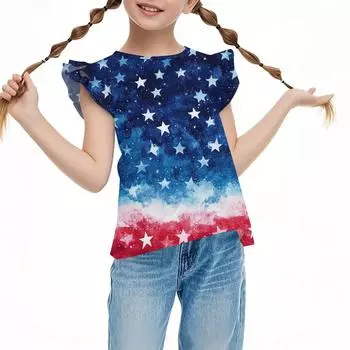 Children s Casual Short-Sleeved Pleated Cute Independence Day Printed Round-Neck Top 110