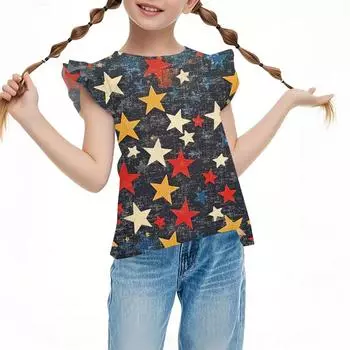 Children s Casual Short-Sleeved Pleated Cute Independence Day Printed Round-Neck Top 110 чёрный