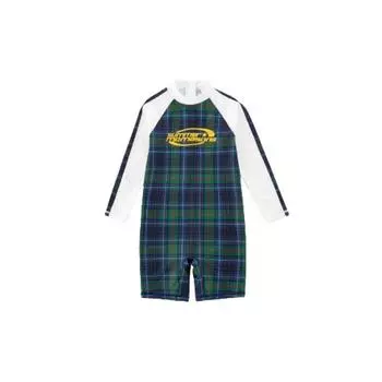 Children s Long Sleeve Plaid Patchwork One-Piece Swimsuit - Quick-Drying Swimwear for Beach & Holiday Size 130