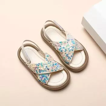 Children s Sandals Summer Sequins Sandals for Pretty Girls Fashion Retro Style Kids Princess Causal Open-toe Beach Sandals Soft 23 коричневый