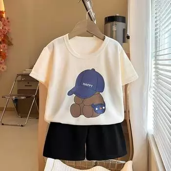 Children s short sleeved set for summer boys and girls, baby casual Korean version, breathable summer clothing, children s clothing, children s pants 80cm синий