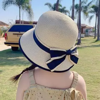 Children s Sunscreen Hat for Spring Travel Girls in Summer Straw Hat for UV Protection Bowtie Straw Hat бежевый