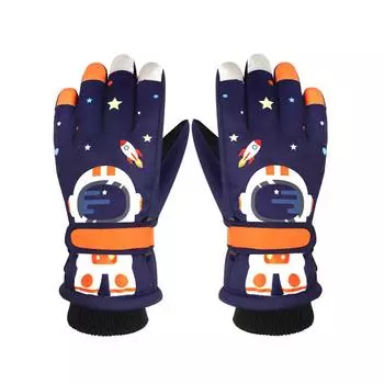 Children s Winter Skiing Gloves Astronaut Five Finger Thickened Windproof and Warm Cycling Gloves for Primary School Students Touch Screen Cartoon S