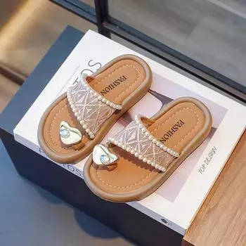 Children Sandals for Girls 2024 Summer New Fashion Korean Holiday Style Elegant Casual Versatile Soft Anti-slippery Beach Shoes 26 бежевый