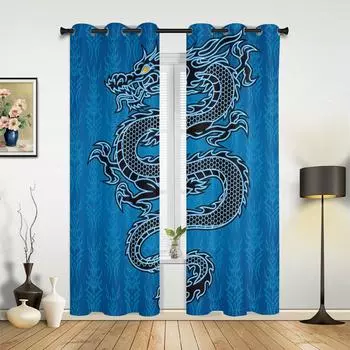 Chinese Style Black Dragon Blue Curtains for Bedroom Living Room Drapes Kitchen Children s Room Window Curtain Modern Home Decor 135W x 60H(cm) x1