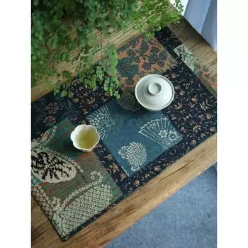 Chinese Style Tea Mat Patchwork Print Tea Mat Fabric Small Tea Cloth Zen Teacup Mat Retro Tea Mat Mat Tea Table Cloth Liner Blue A