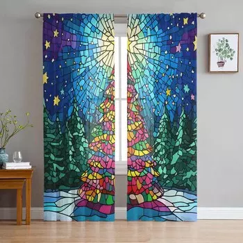 Christmas And Winter Colored Glass Curtains For Living Room Bedroom Home Decoration Window Voile Tulle Curtain Drapes W135 x H114cm