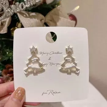 Christmas Christmas Tree Series Light Luxury New Year S Earrings Niche Design Sense Premium Stud Earrings Tide Autumn And Winter Electroplated real gold белый