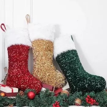 Christmas Day Decorations Sequins Plush Christmas Stockings Kids Gift Bags Hanging Decorations Creative Bags Gift Boutique Bags One Size