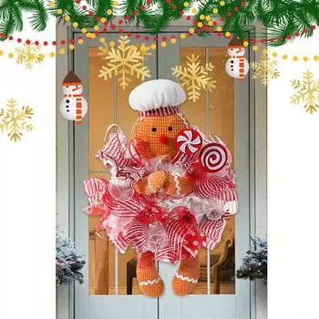 Christmas Door Wreath Christmas Gingerbread Hanging Sign Gingerbread Doll with Lollipop Wreath Christmas Front Door Decorations