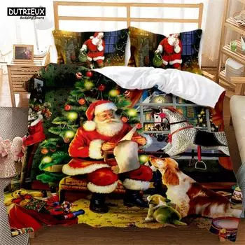 Christmas Duvet Cover Set King Winter Theme Cartoon Bedding Set Microfiber Santa Claus Elk Carriage Comforter Cover For Girl Boy EU single(135x200cm)