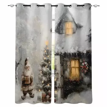 Christmas Dwarf Forest Snow Scene Oil Painting Blackout Curtains For Living Room Bedroom Window Treatment Blinds Drapes W135 x H60cm