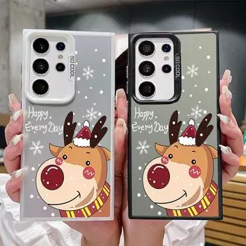 Christmas Elk Pattern Square Phone Case for Samsung S24 S22 Ultra S23 S21 S20 Fe A54 A53 A52 Shockproof Slim Anti-Fall Laser Imd Cover Samsung S24 серый