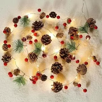 Christmas Garland with Lights,Pinecones String Lights with Red Berries Bells Needles,20 LED Battery Operated Prelit Garland 2 Meters 20LED