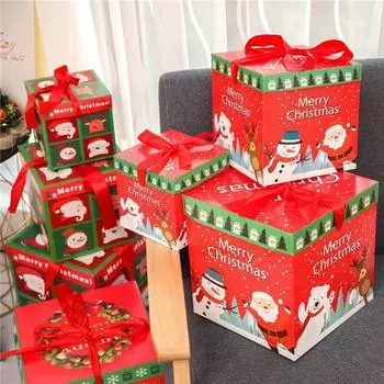 Christmas Paper Box with Window Handle Candy Gift Packaging Box Bag For New Year Navidad Gifts Home Xmas Decoration 1set