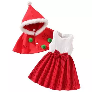 Christmas Party Cape Top & Patchwork Dress Set 3Y красный