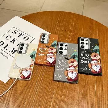 Christmas Pattern Leather Texture Phone Case for Samsung S24 S22 Ultra S23 S21 S20 Fe for Magsafe Magnetic Square Shockproof Tpu Soft Slim Cover Samsung S24 FE чёрный